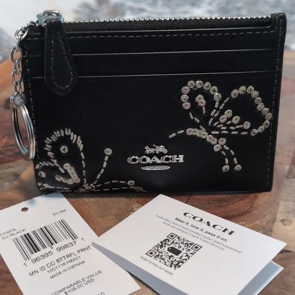 Coach Skinny Mini Smooth Leather Embroidered Butterfly Zip Close ID Case Nwt ❤️ - Picture 6 of 11